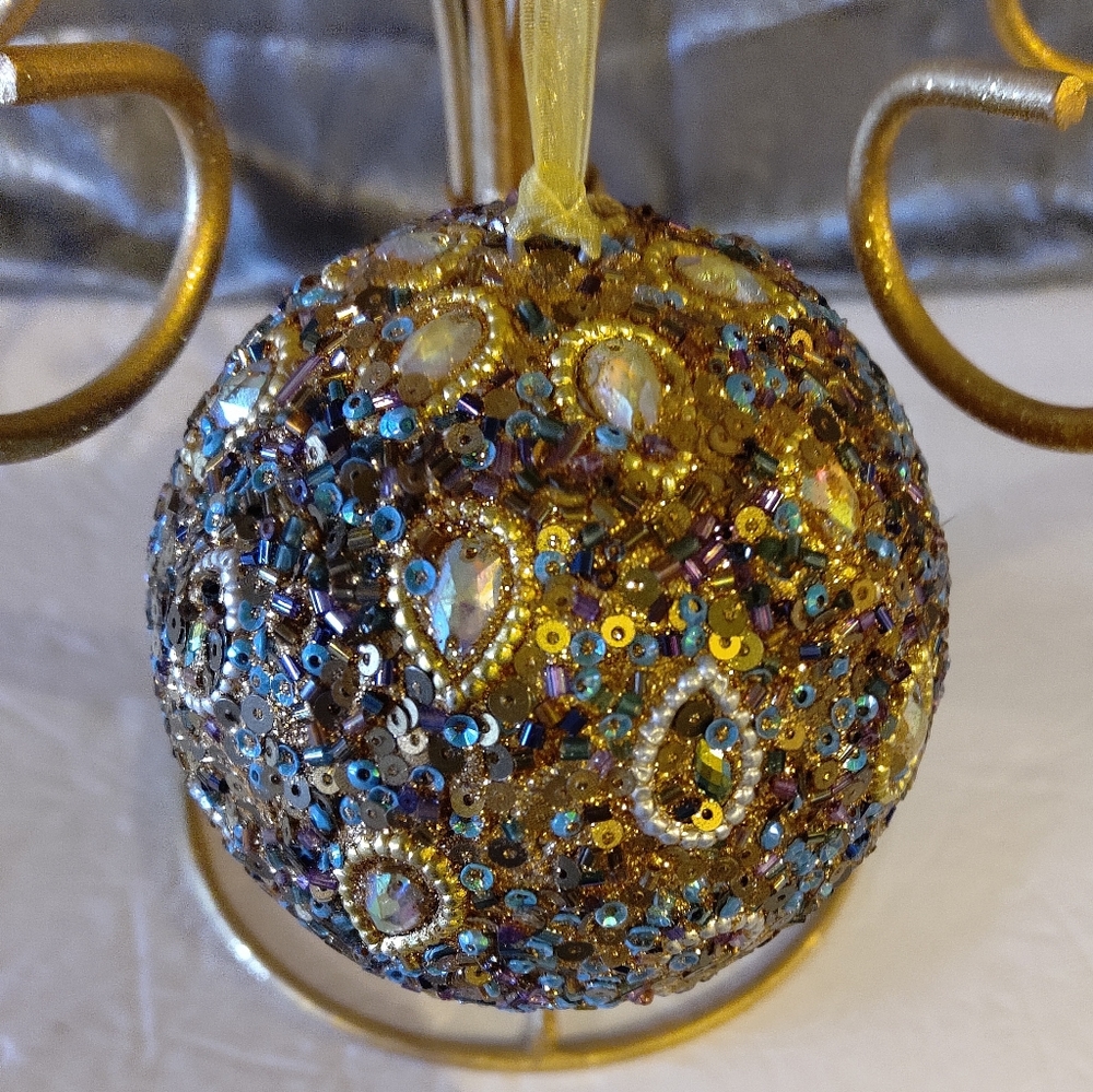 Vintage Round Gold  Brown Teal Sequin Beaded Ornament